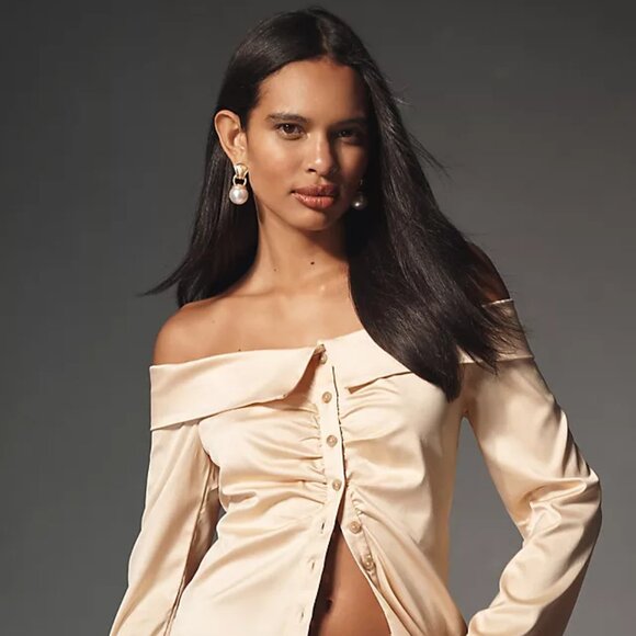 Anthropologie Off-The-Shoulder Collared Silky Shirt (NEW) - Picture 2 of 4